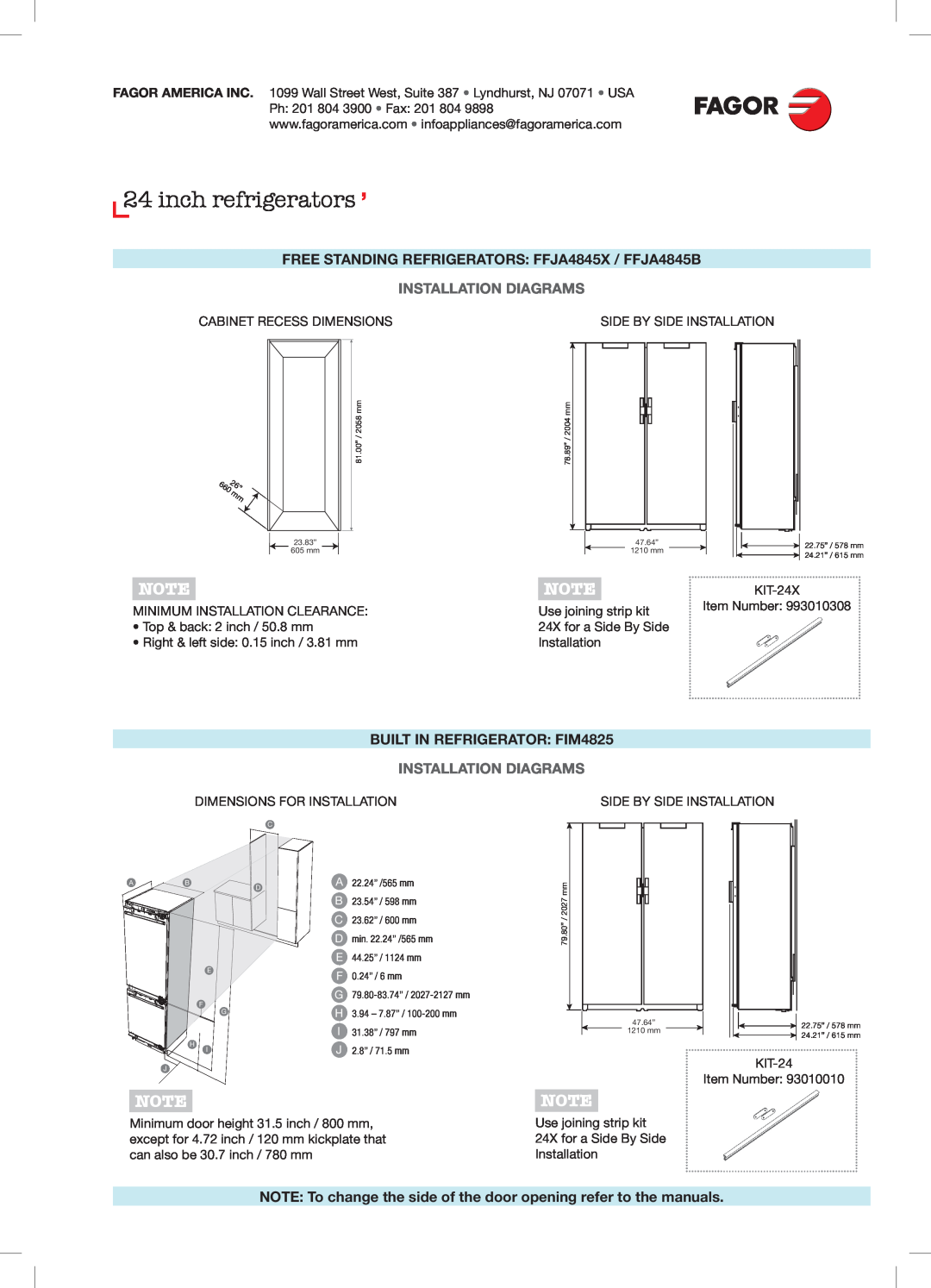 Fagor America KIT-24X dimensions inch refrigerators ’, Installation Diagrams, BUILT IN REFRIGERATOR FIM4825 