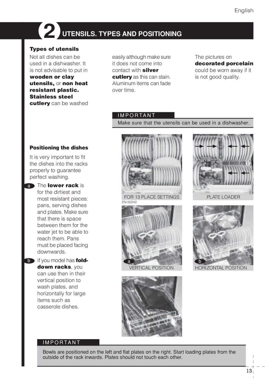 Fagor America LFA-019 IX, LFA-019 SS, LFA-013 UTENSILS. Types and Positioning, Types of utensils, Positioning the dishes 