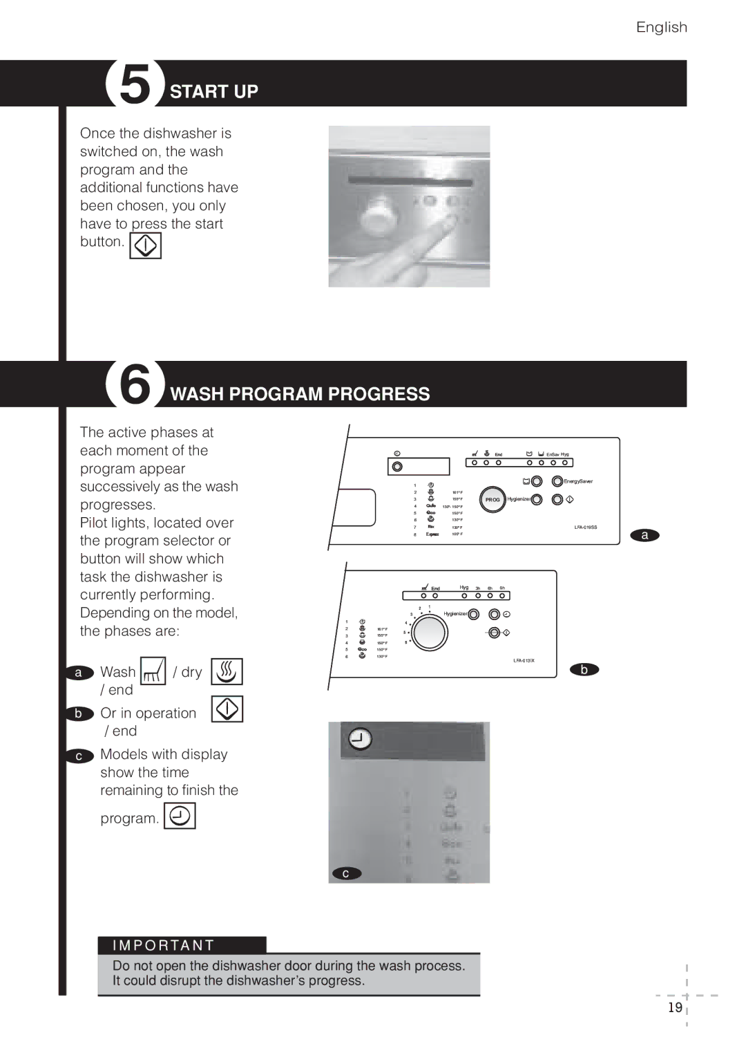 Fagor America IX LFA-013 SS, LFA-019 SS, LFA-019 IX manual Start UP, Wash Program Progress 