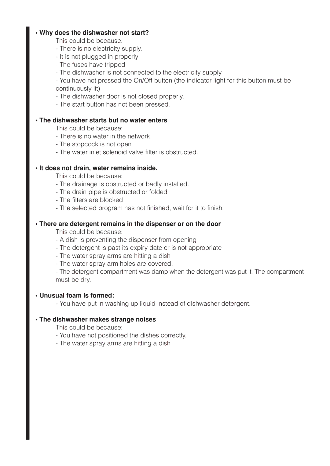 Fagor America LFA-019 SS Why does the dishwasher not start? This could be because, Dishwasher starts but no water enters 