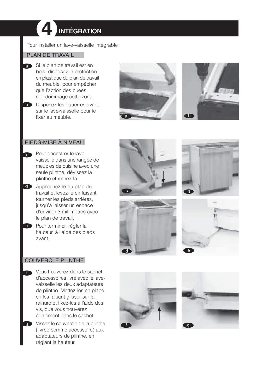 Fagor America LFA-019 SS, LFA-019 IX, LFA-013 manual Intégration, Plan DE Travail, PIEDS-MISE À Niveau, Couvercle Plinthe 