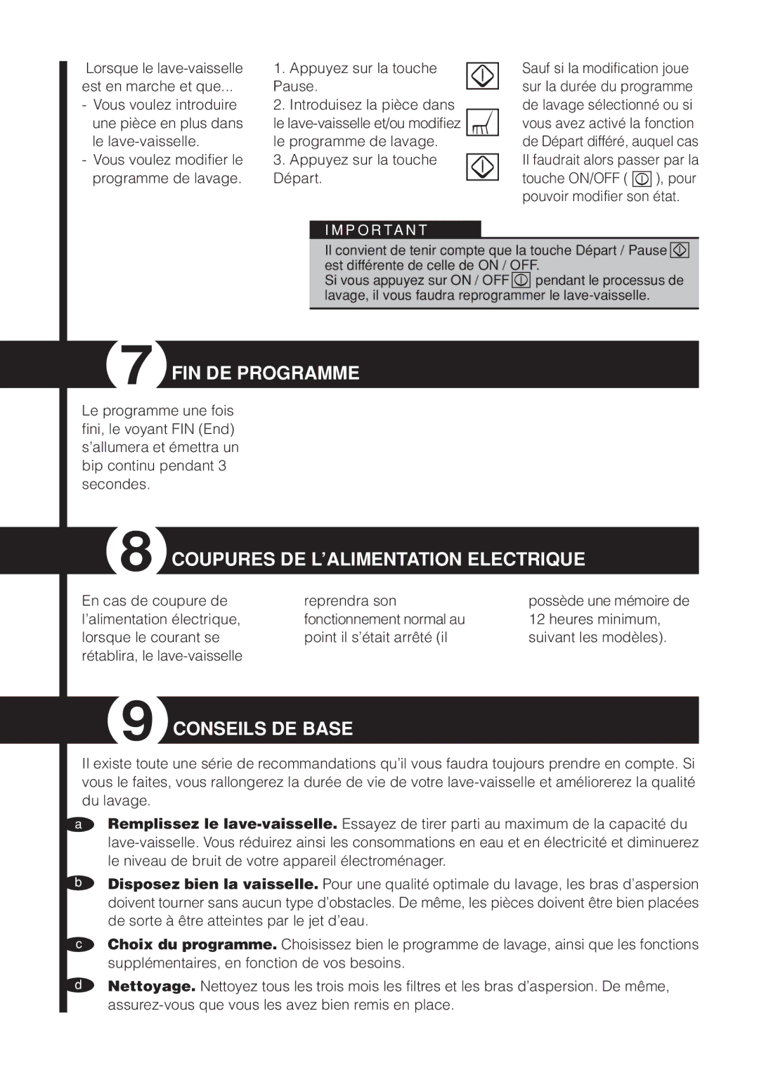 Fagor America LFA-019 SS, LFA-019 IX, LFA-013 FIN DE Programme, Coupures DE L’ALIMENTATION Electrique, Conseils DE Base 