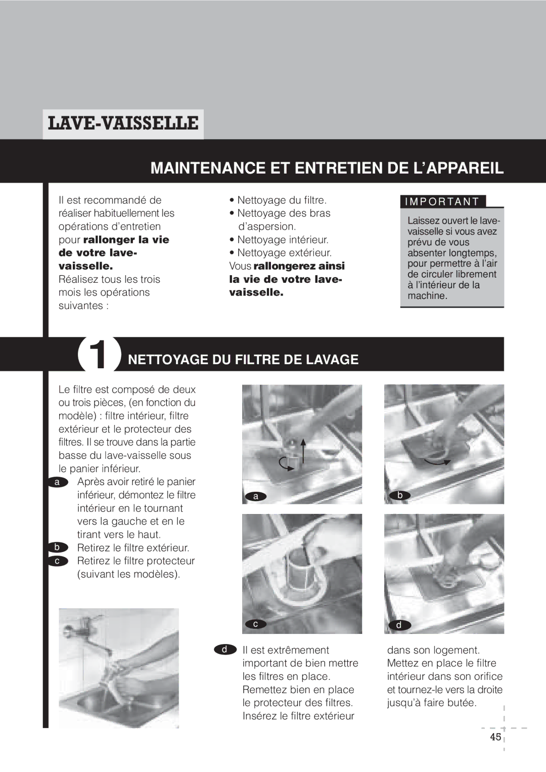 Fagor America LFA-019 IX, LFA-019 SS, LFA-013 manual Maintenance ET Entretien DE L’APPAREIL, Nettoyage DU Filtre DE Lavage 