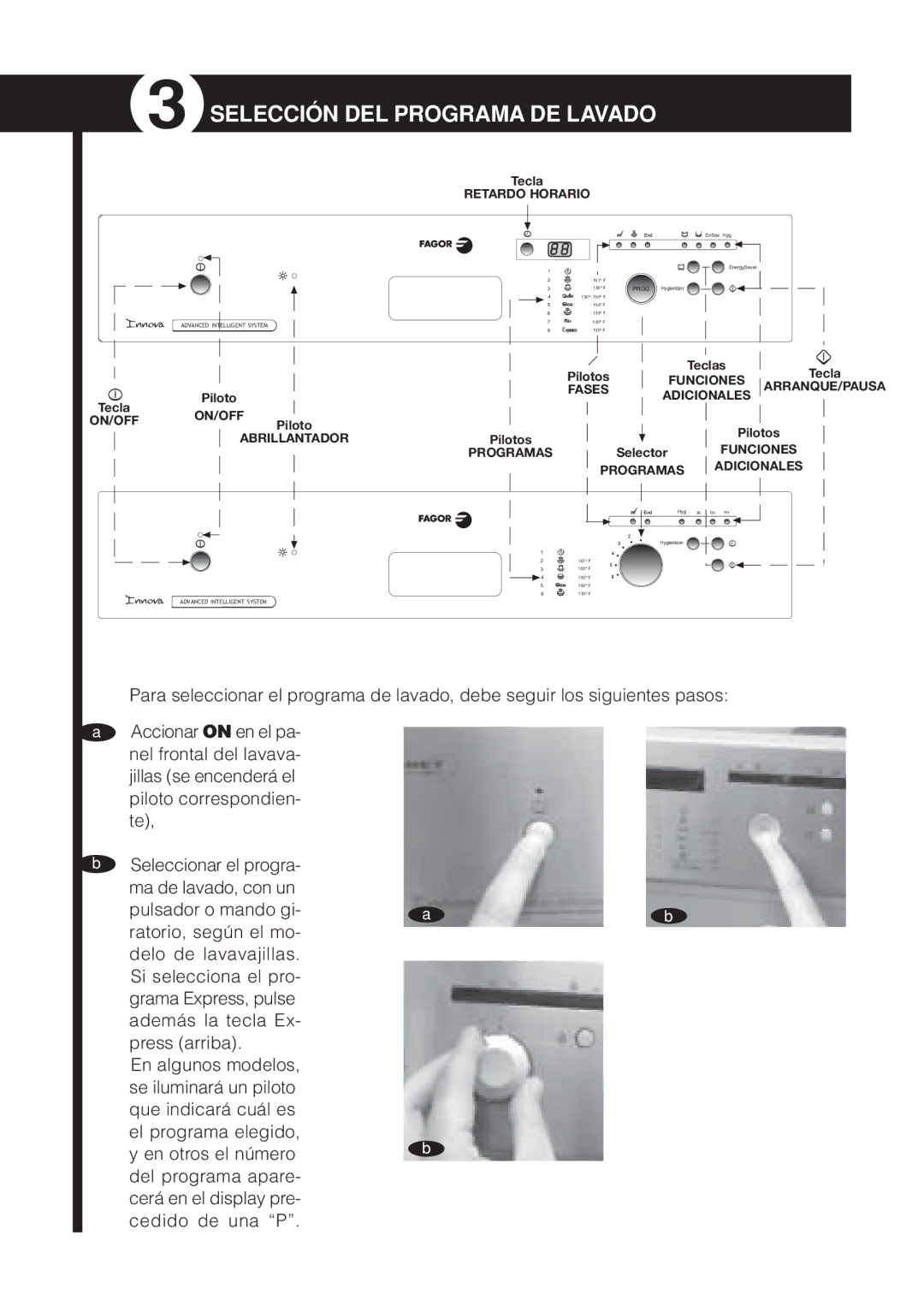 Fagor America LFA-019 SS, LFA-019 IX, IX LFA-013 SS manual Selección DEL Programa DE Lavado, Retardo Horario 