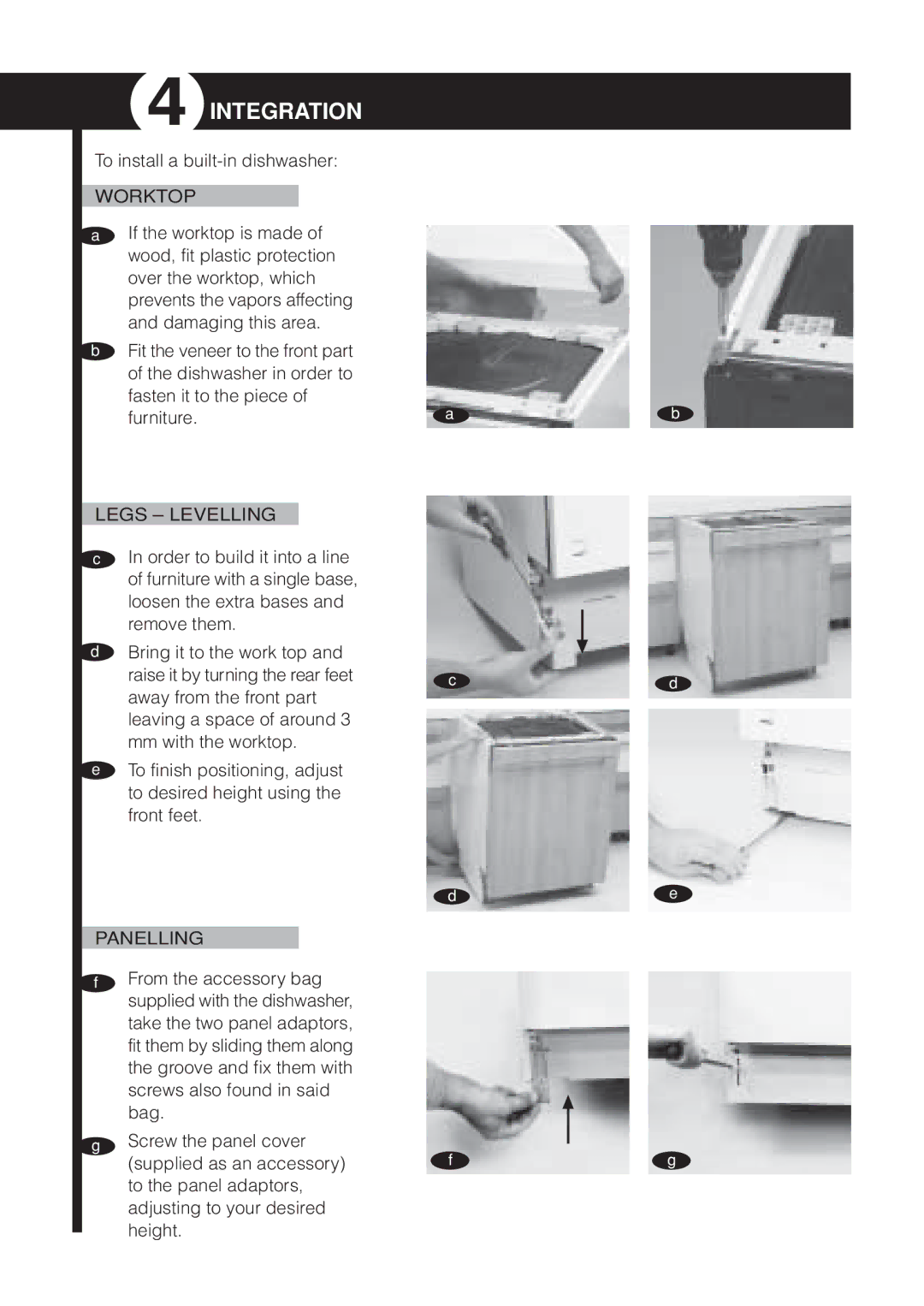 Fagor America LFA-019 SS, LFA-019 IX, IX LFA-013 SS manual Integration, Worktop, Legs Levelling, Panelling 