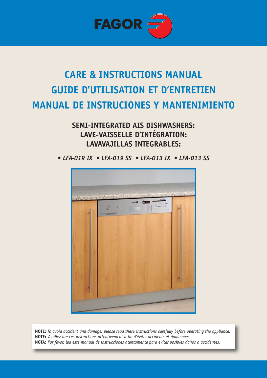 Fagor America LFA-019 IX manual Semi-Integrated Ais Dishwashers Lave-Vaisselle D’Intégration, Lavavajillas Integrables 