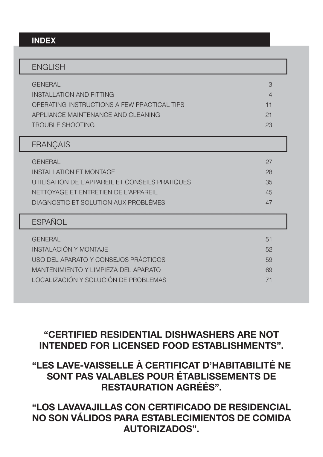 Fagor America LFA-013, LFA-019 SS “Les Lave-Vaisselle À Certificat D’Habitabilité Ne, Index, English, Français, Español 
