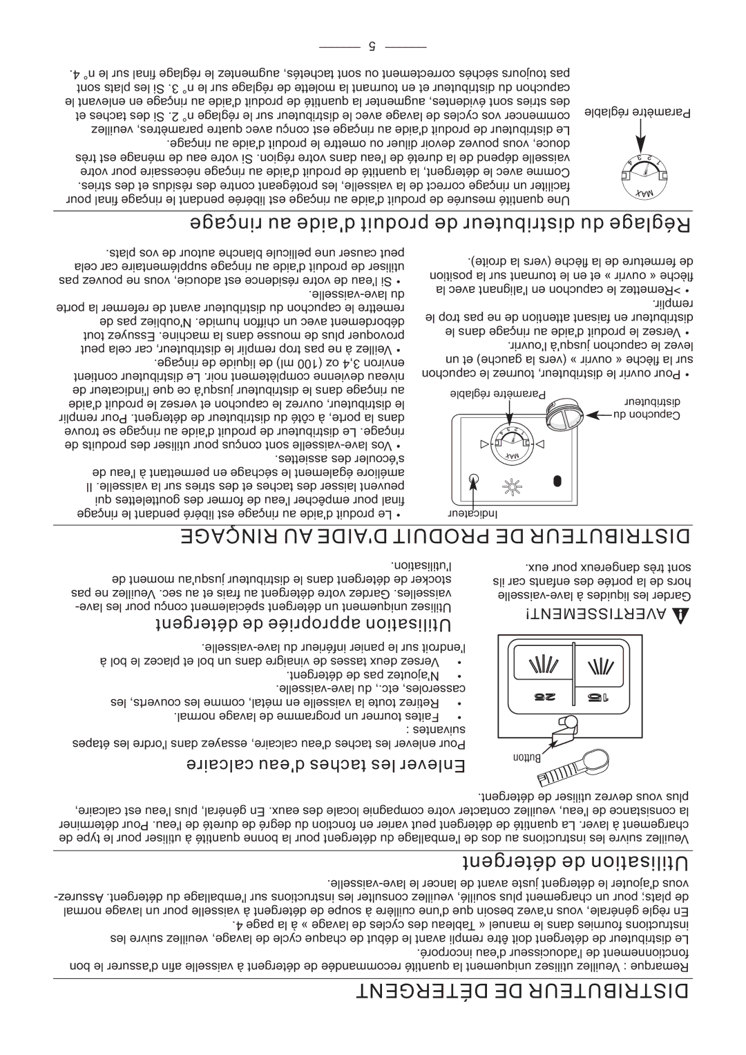 Fagor America LFA-45X instruction manual Rinçage au daide produit de distributeur du Réglage, Détergent de Utilisation 