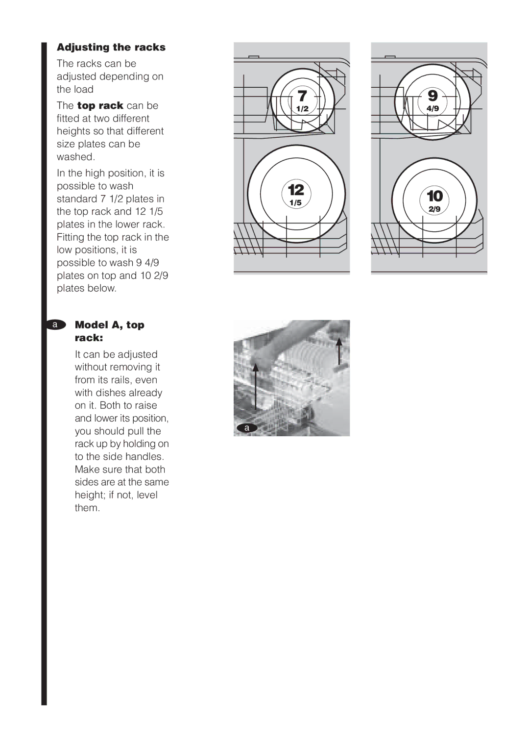 Fagor America LFA-65 SS, LFA-65 ITX, LFA-073 IT, LFA-073 SS manual Adjusting the racks, Model A, top rack 