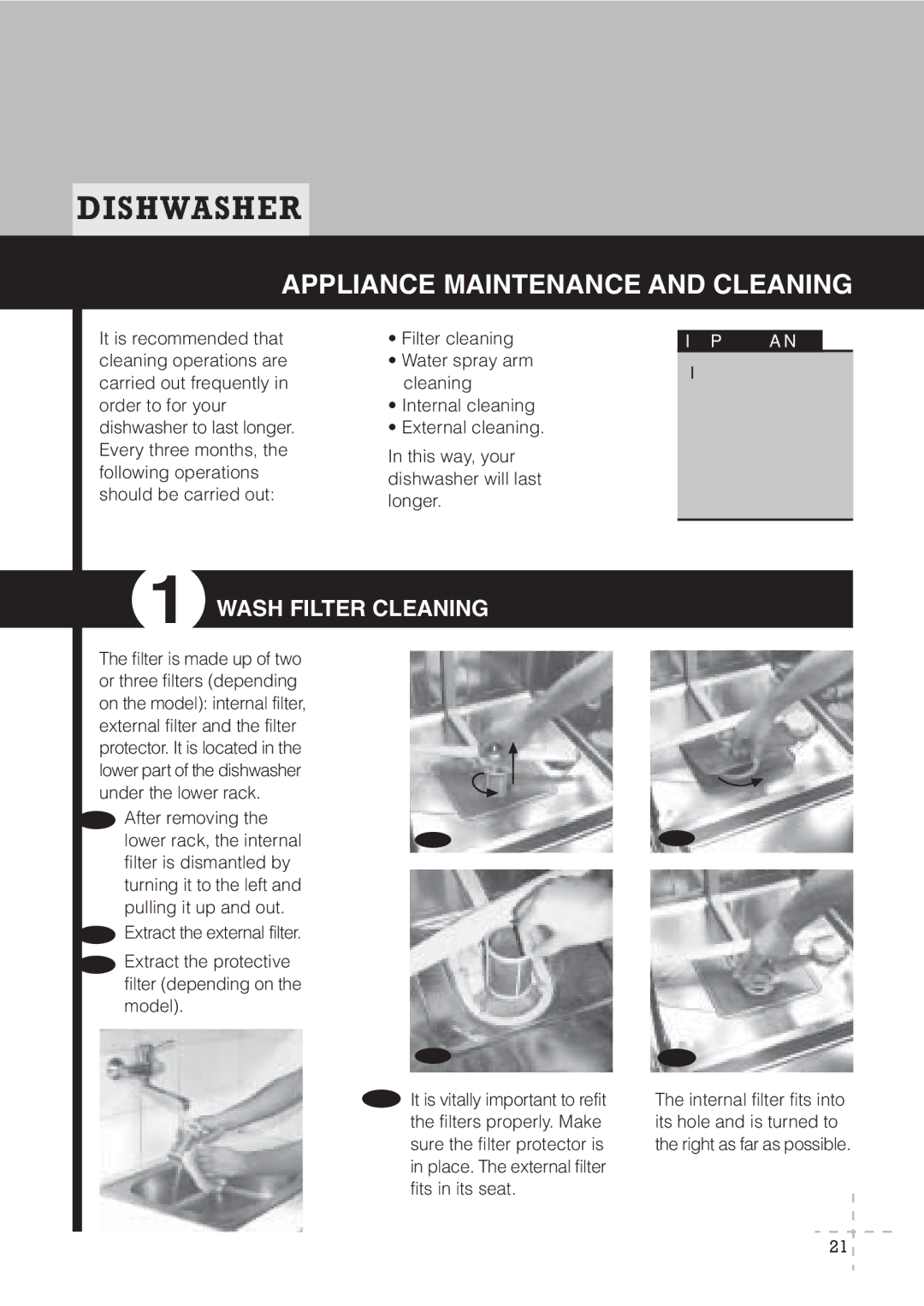 Fagor America LFA-65 SS, LFA-65 ITX, LFA-073 IT, LFA-073 SS manual Appliance Maintenance and Cleaning, Wash Filter Cleaning 