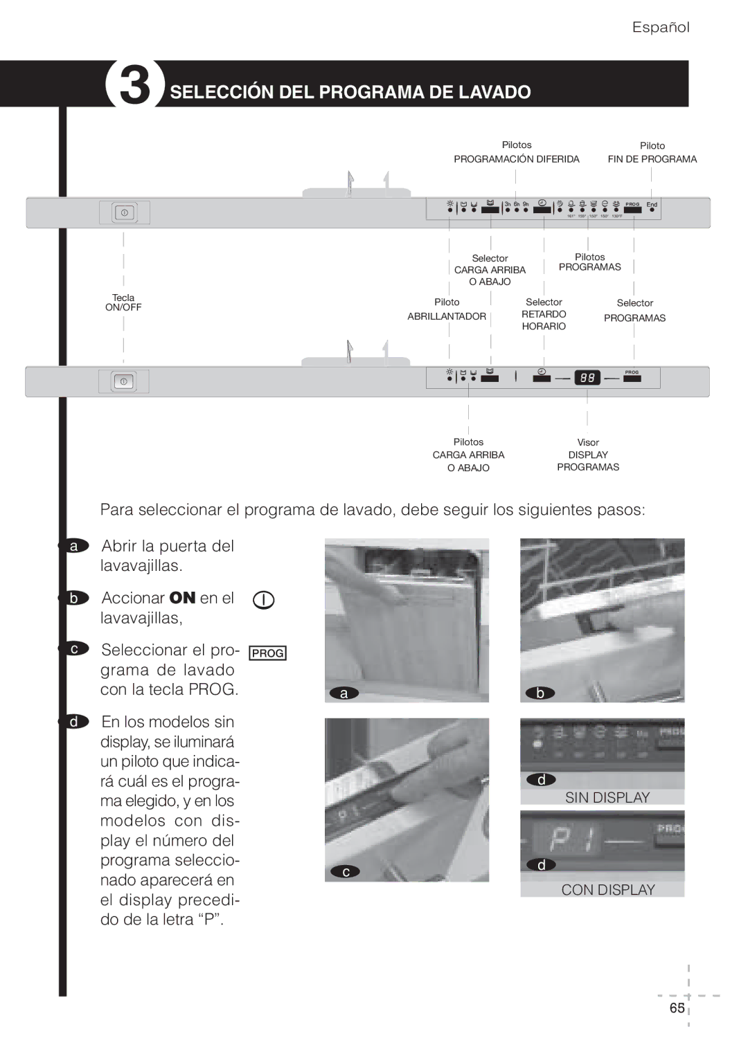 Fagor America LFA-073 IT, LFA-65 ITX, LFA-65 SS, LFA-073 SS manual Selección DEL Programa DE Lavado, SIN Display CON Display 