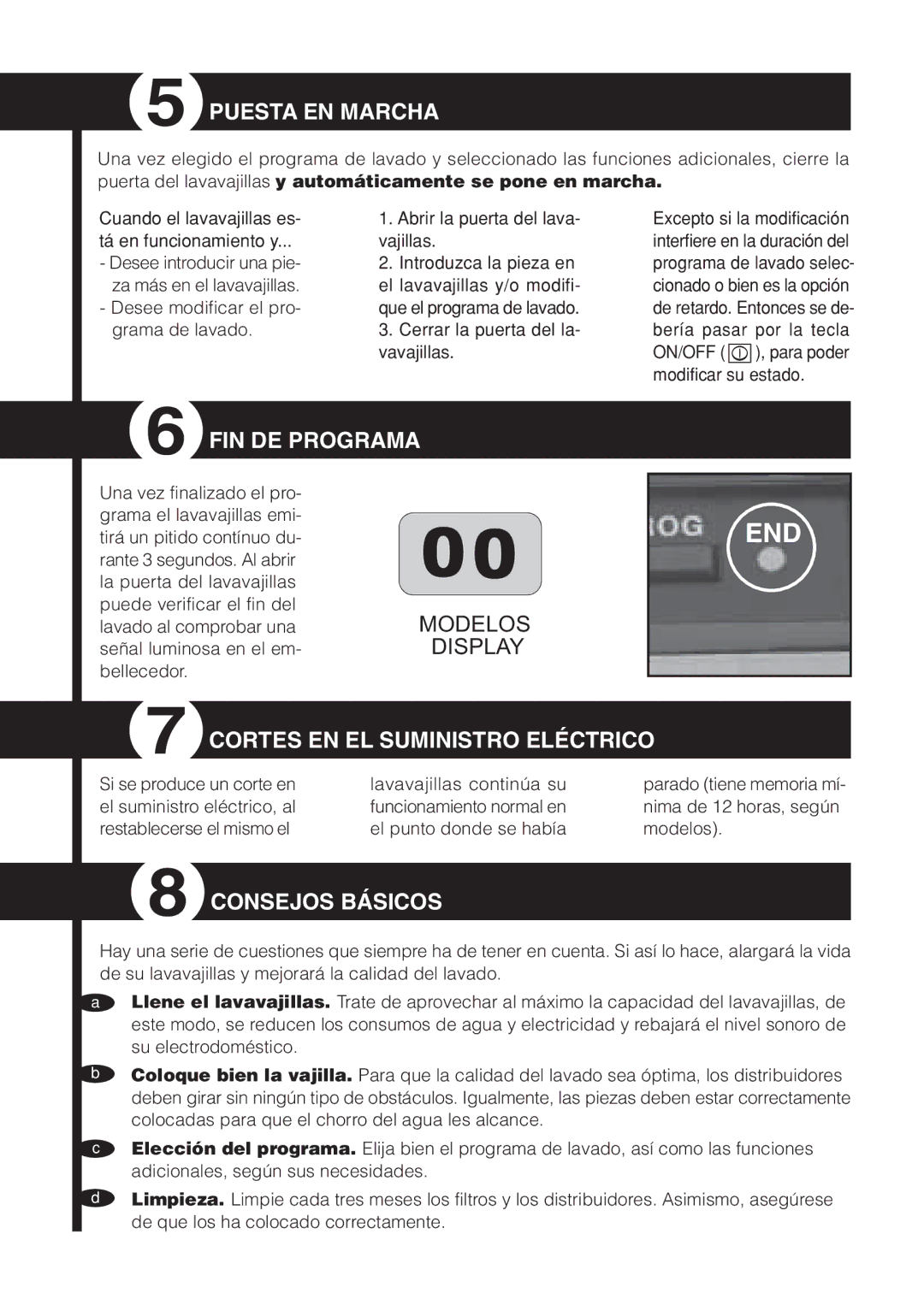 Fagor America LFA-073 SS Puesta EN Marcha, FIN DE Programa, Cortes EN EL Suministro Eléctrico, Consejos Básicos, On/Off 