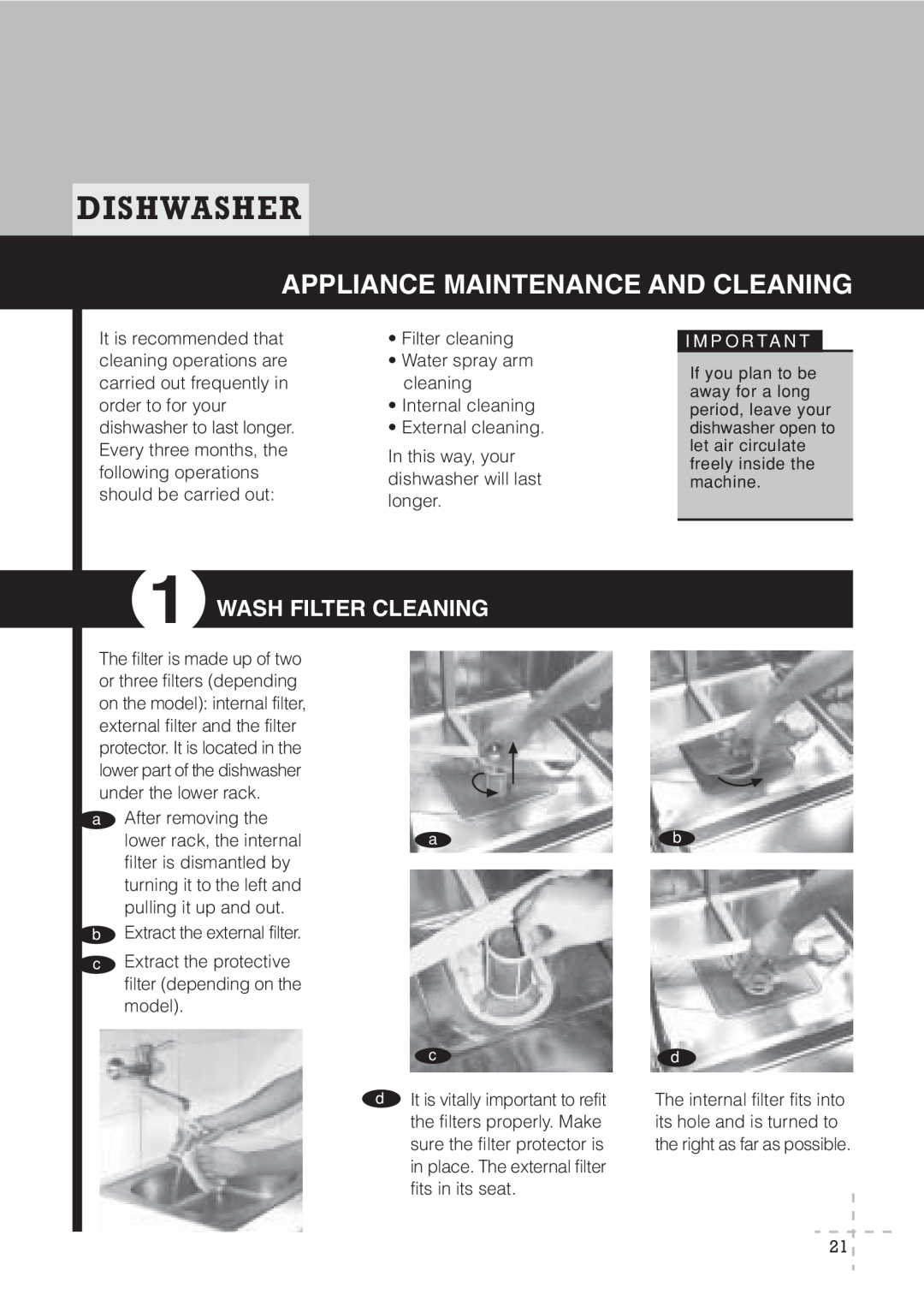 Fagor America LFA-65 SS manual Appliance Maintenance And Cleaning, 1WASH FILTER CLEANING, Dishwasher, I M P O R T A N T 