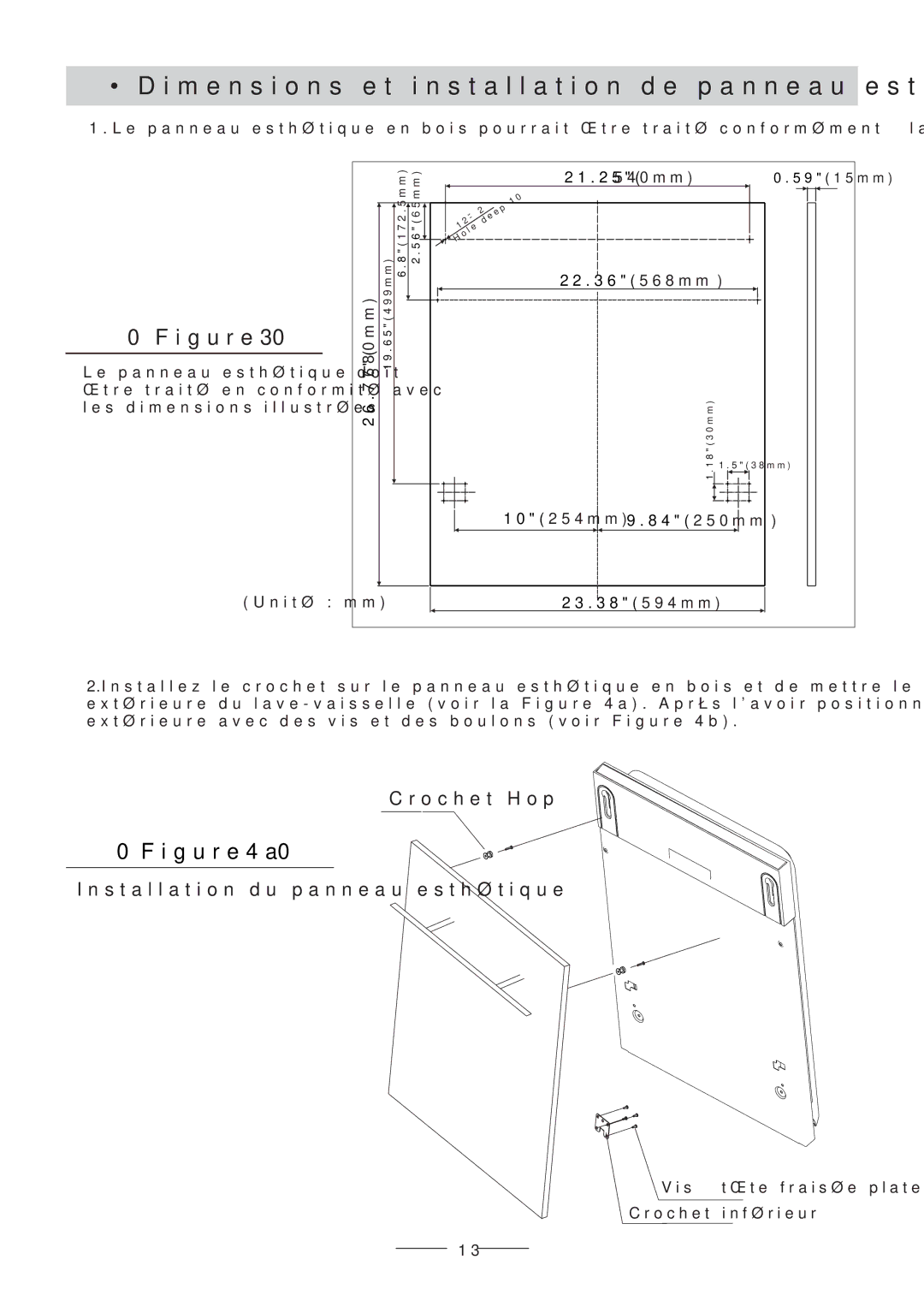 Fagor America LFA-75IT manual Esthétique panneau de installation et Dimensions ·, Hop Crochet 