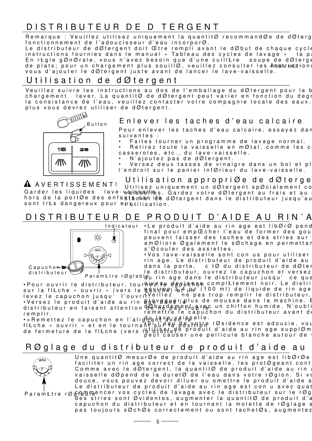 Fagor America LFA-75IT manual Rinçage au daide produit de distributeur du Réglage, Détergent de Utilisation 