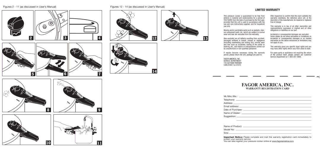 Fagor America M16301272 brochure Fagor AMERICA, INC, Limited Warranty, Warranty Registration Card 