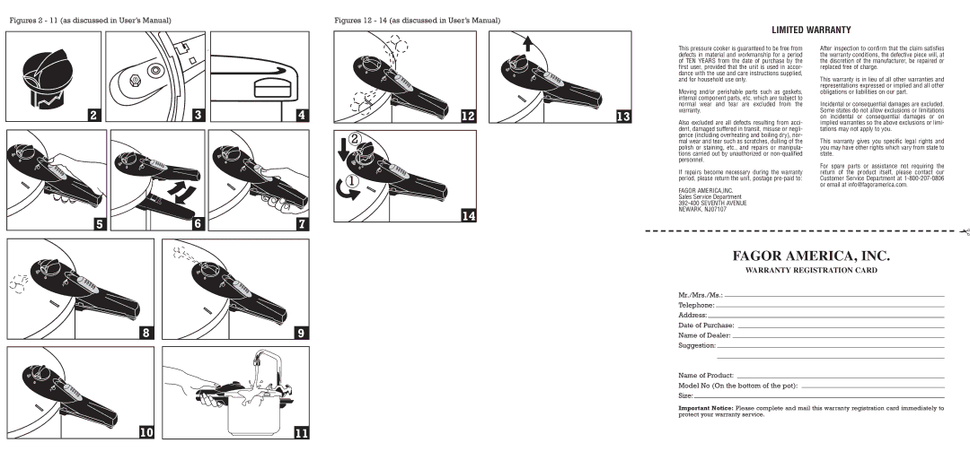 Fagor America M16301457 10-03 brochure Fagor AMERICA, INC, Limited Warranty, Warranty Registration Card 