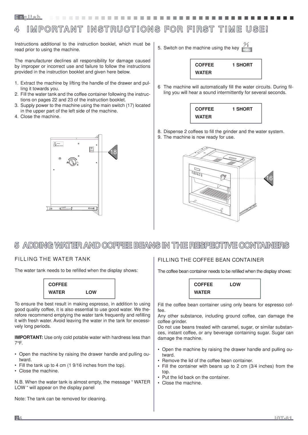 Fagor America MQC-A10 US manual Important Instructions for First Time USE, Filling the Water Tank 