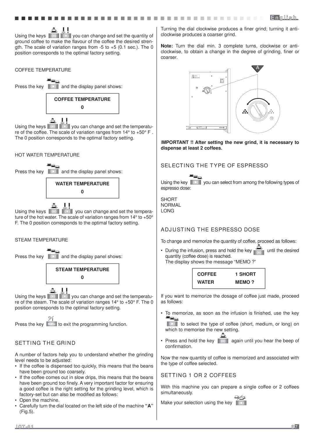 Fagor America MQC-A10 US manual Setting the Grind, Selecting the Type of Espresso, Adjusting the Espresso Dose 