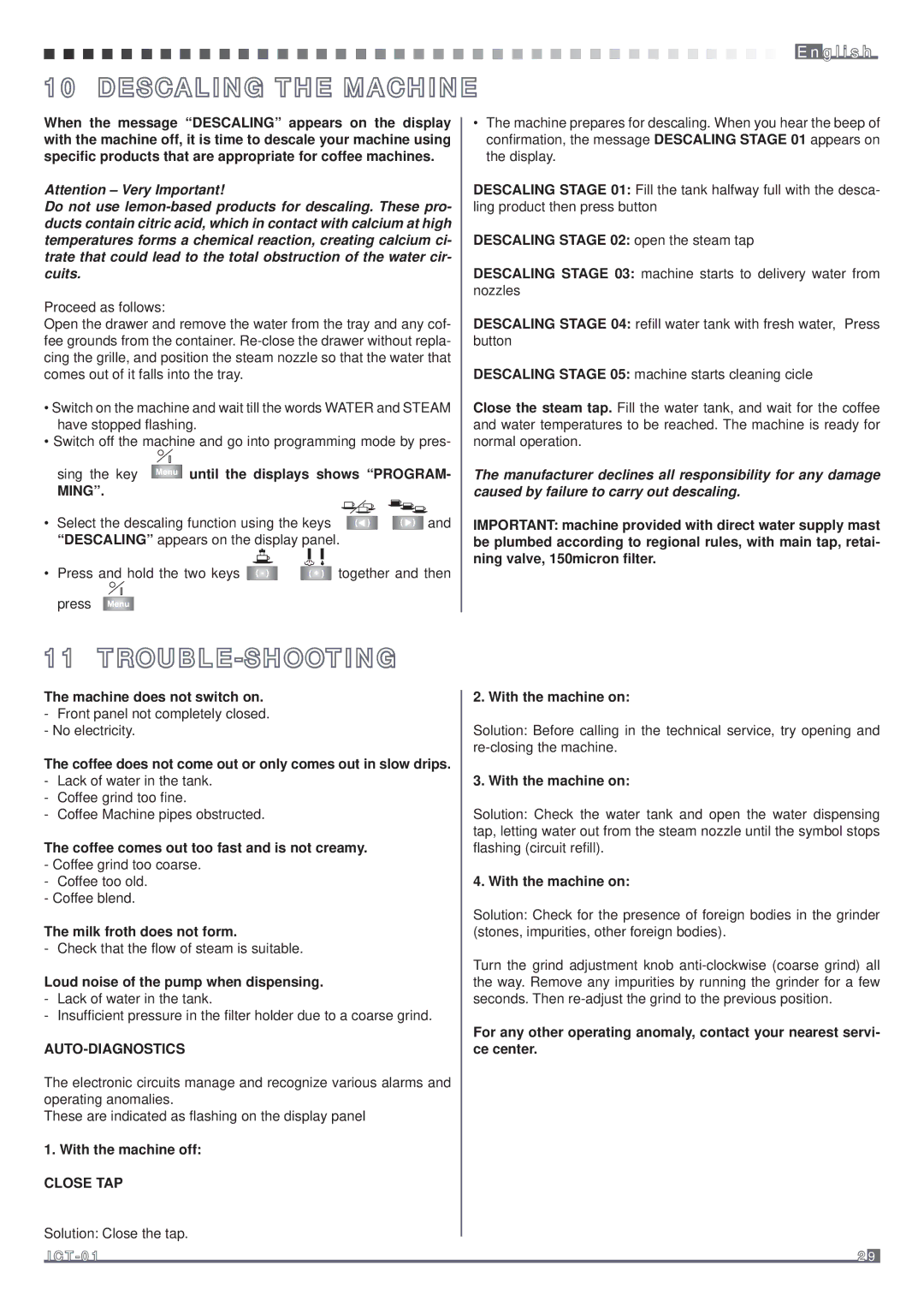 Fagor America MQC-A10 US manual Descaling the Machine, Trouble-Shooting, Ming, Auto-Diagnostics, Close TAP 