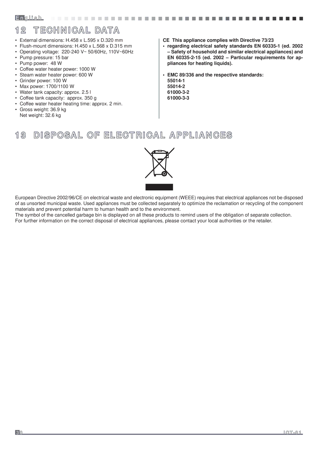 Fagor America MQC-A10 US manual Technical Data, Disposal of Electrical Appliances 