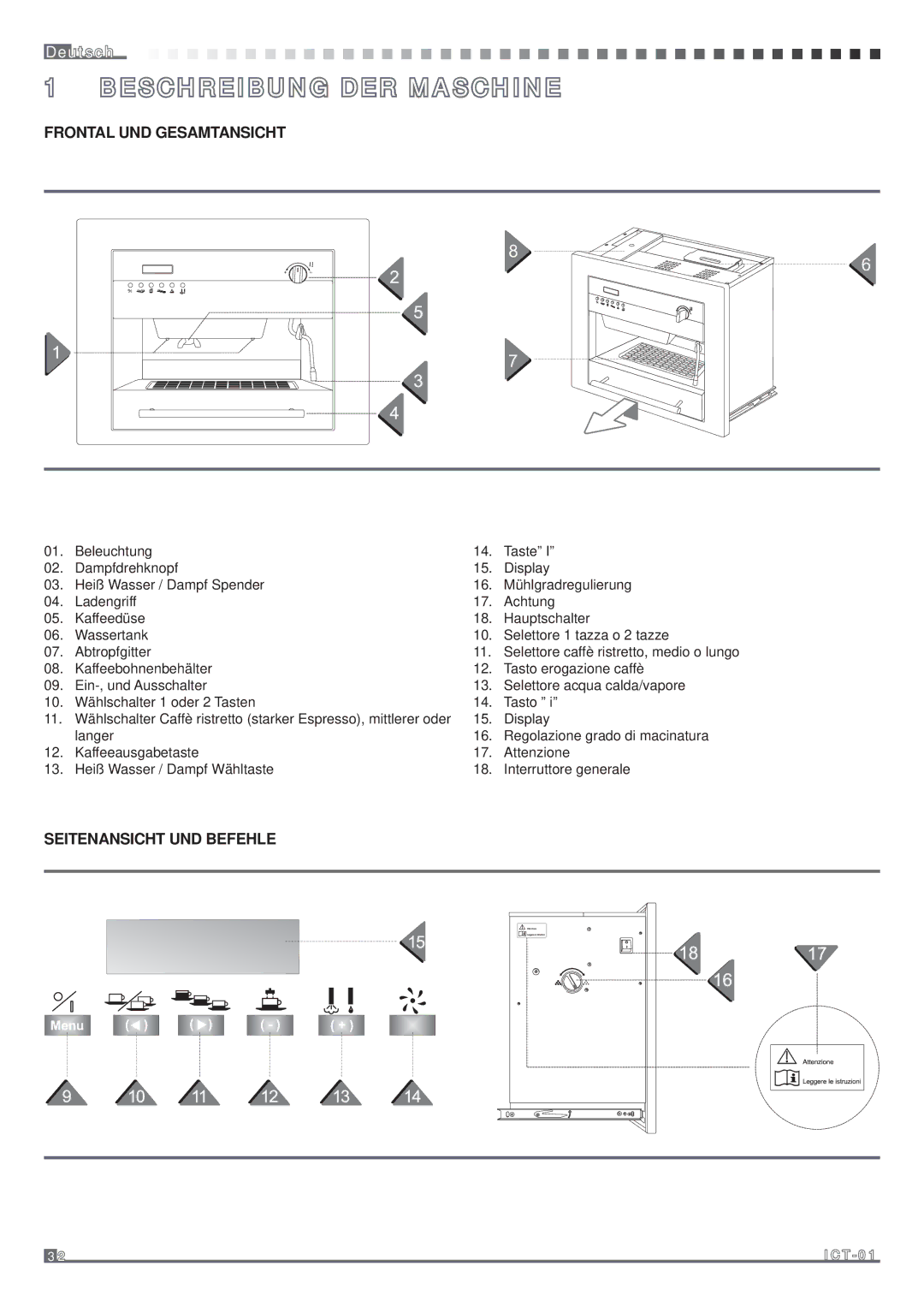 Fagor America MQC-A10 US manual Beschreibung DER Maschine, Frontal UND Gesamtansicht, Seitenansicht UND Befehle 