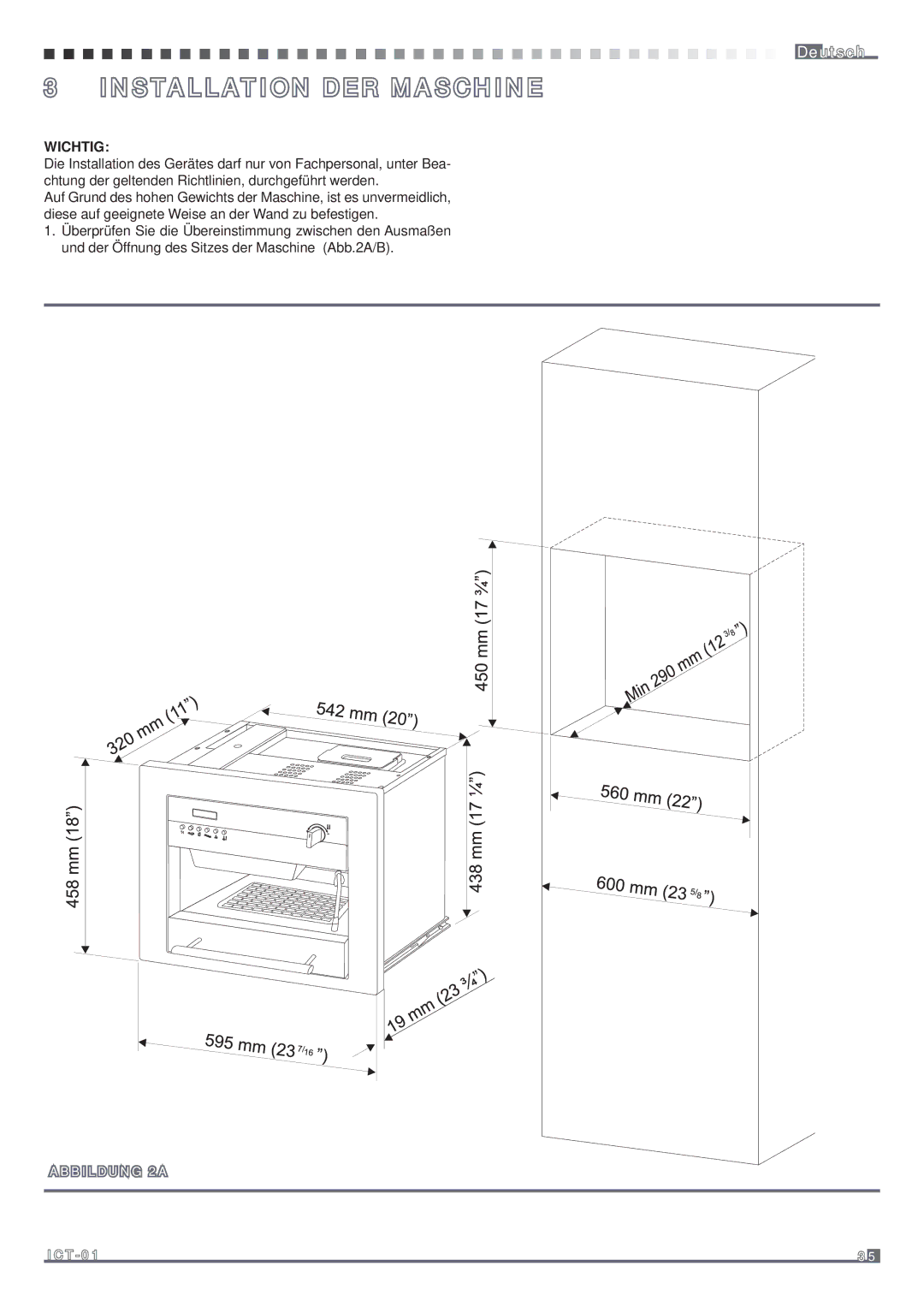 Fagor America MQC-A10 US manual Installation DER Maschine, Wichtig 