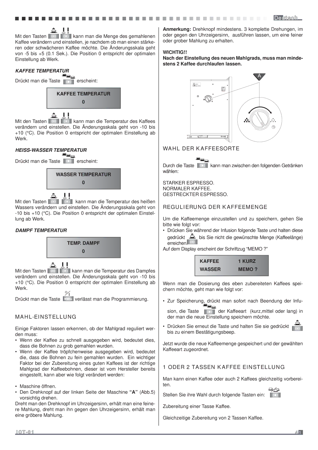 Fagor America MQC-A10 US manual Wahl DER Kaffeesorte, Regulierung DER Kaffeemenge, Mahl-Einstellung 