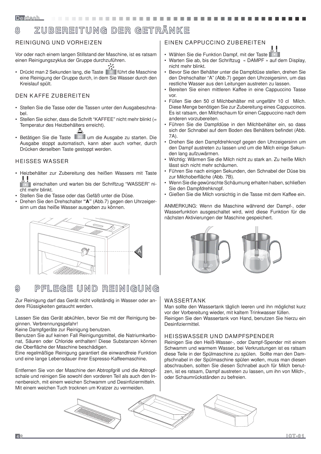 Fagor America MQC-A10 US manual Zubereitung DER Getränke, Pflege UND Reinigung 