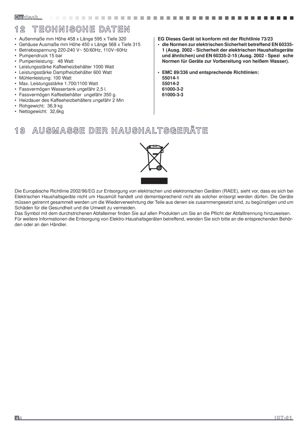 Fagor America MQC-A10 US manual Technische Daten, Ausmasse DER Haushaltsgeräte 