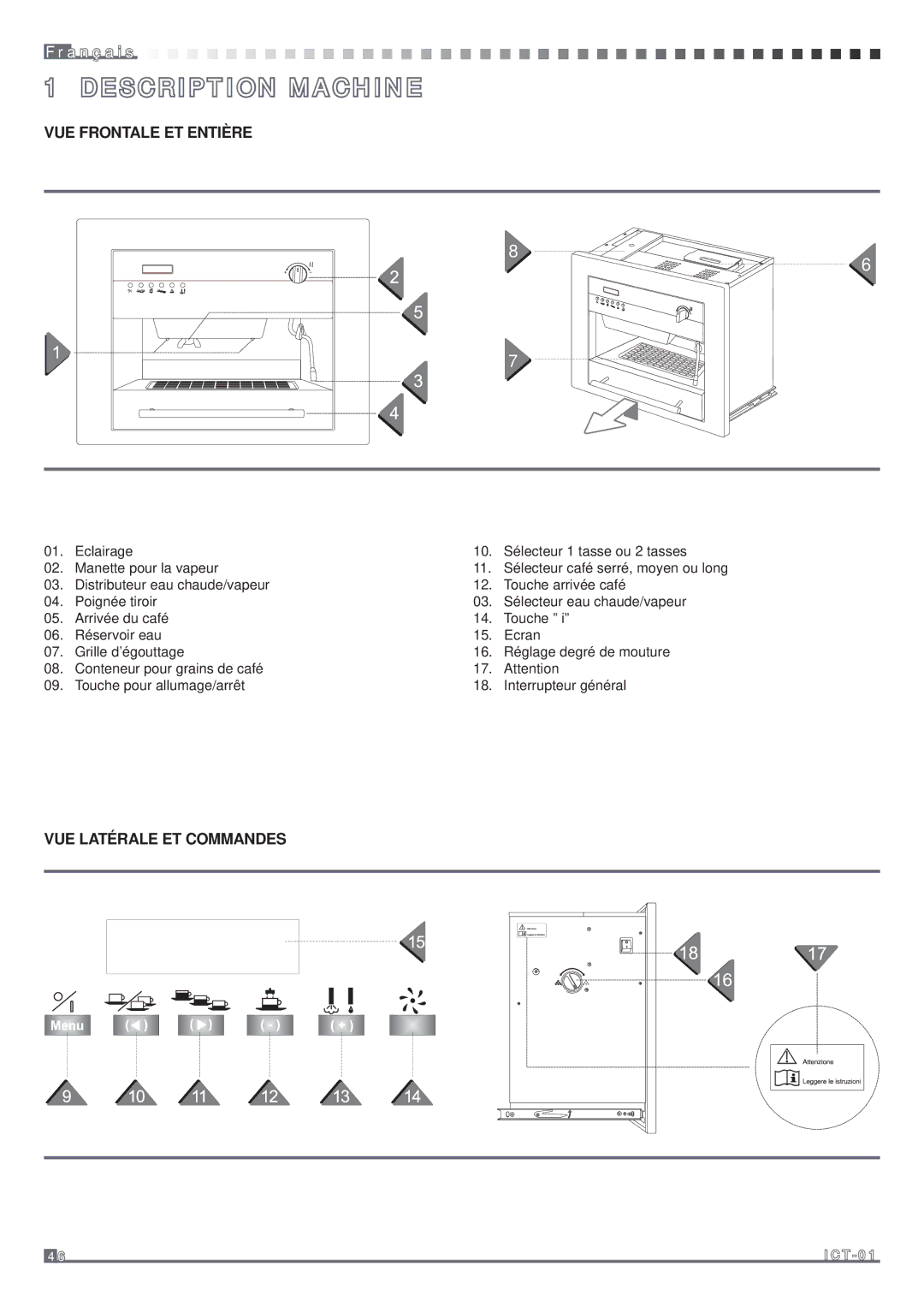 Fagor America MQC-A10 US manual Description Machine, VUE Frontale ET Entière, VUE Latérale ET Commandes 