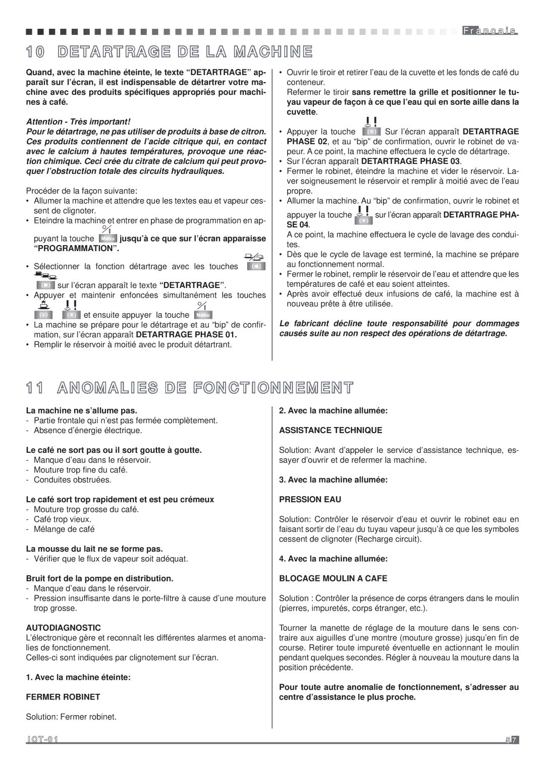 Fagor America MQC-A10 US manual Detartrage DE LA Machine, Anomalies DE Fonctionnement 