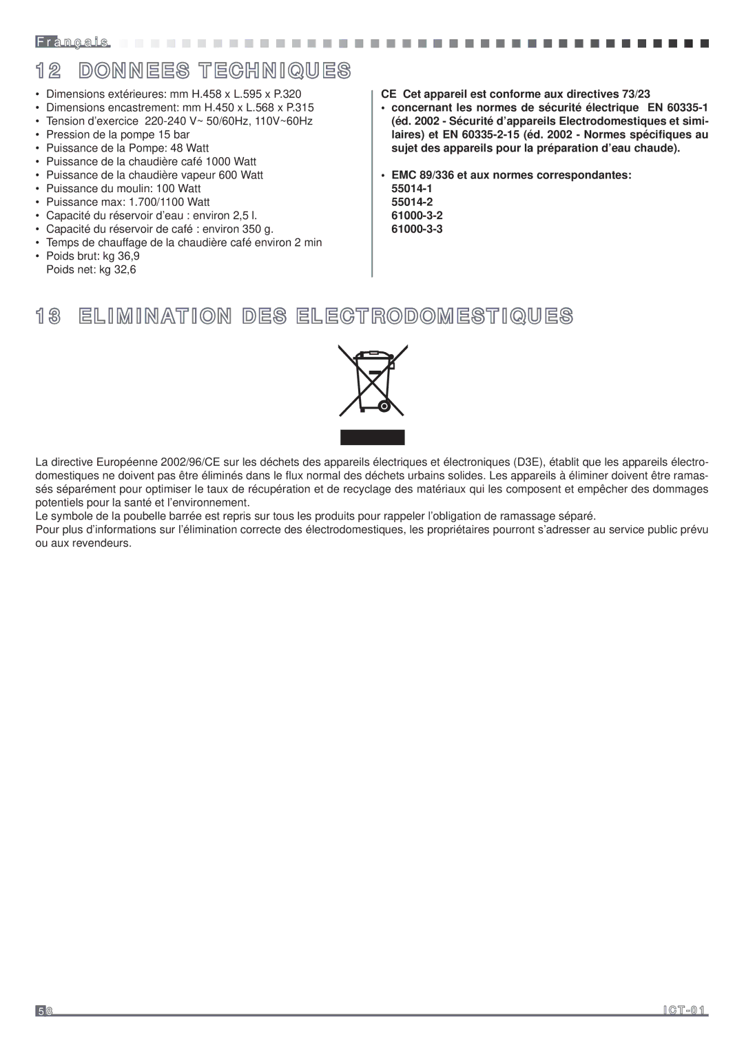 Fagor America MQC-A10 US manual Donnees Techniques, Elimination DES Electrodomestiques 