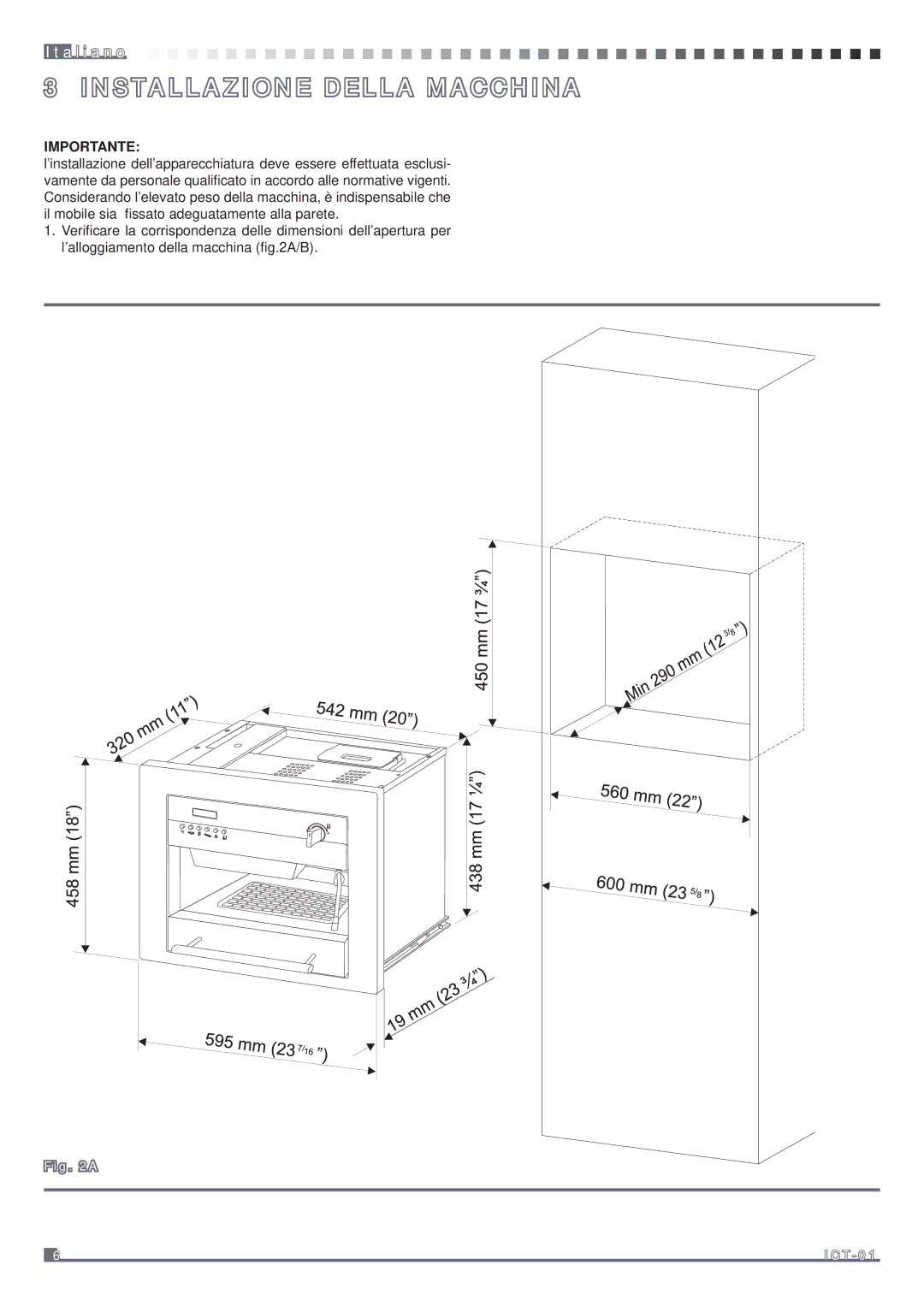 Fagor America MQC-A10 US manual Installazione Della Macchina, Importante 