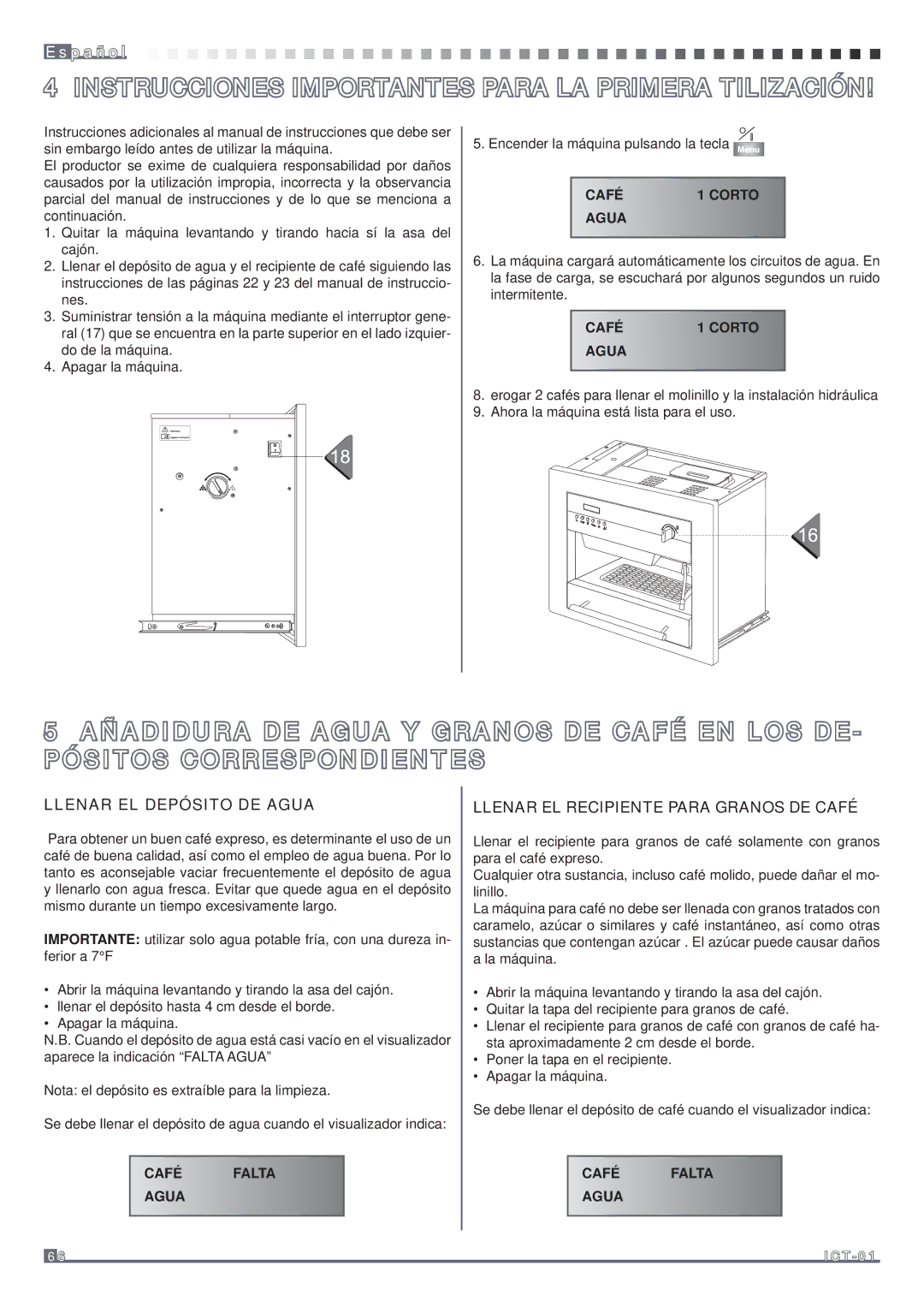 Fagor America MQC-A10 US Instrucciones Importantes Para LA Primera Tilización, Llenar EL Depósito DE Agua, Café Corto Agua 