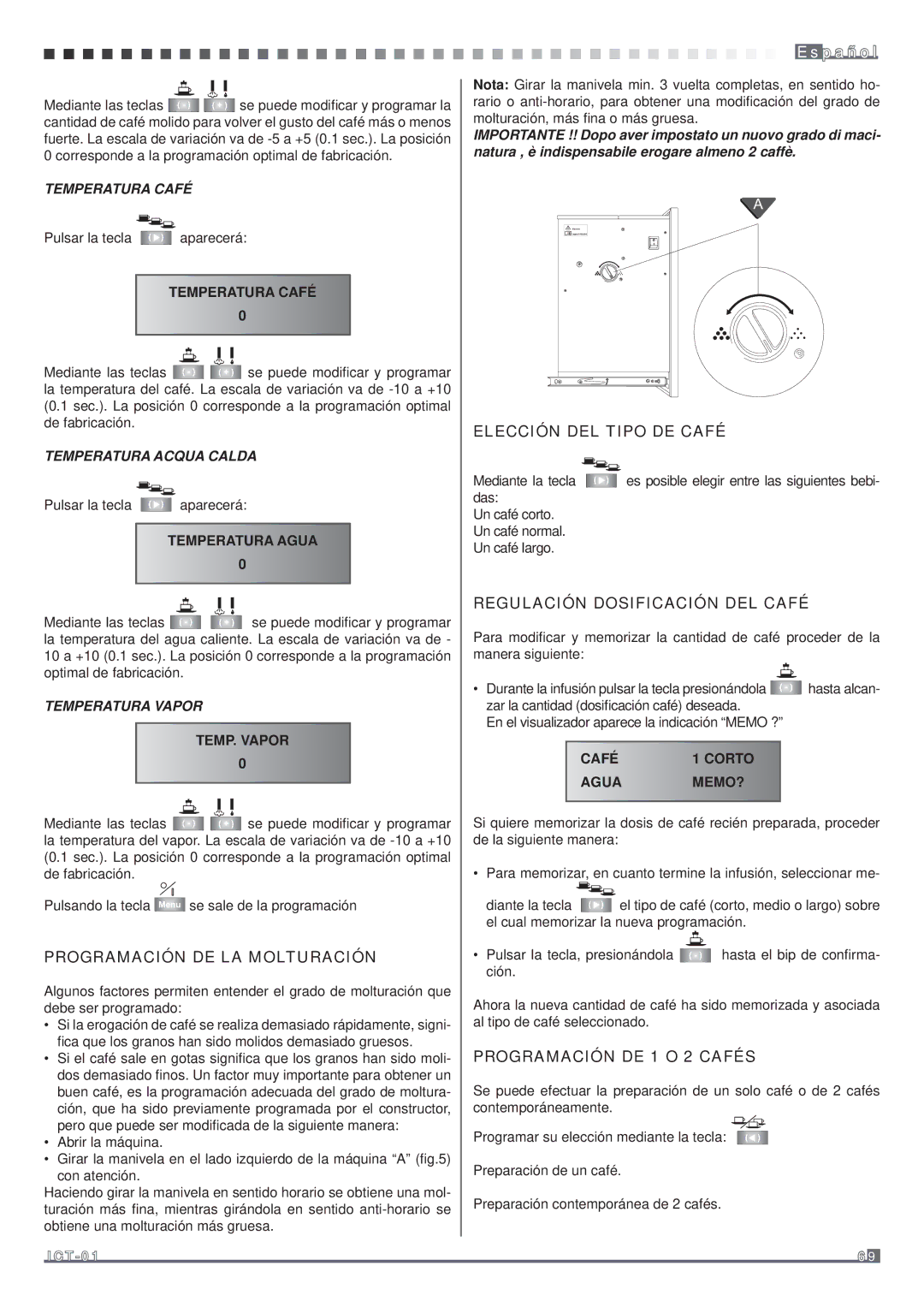 Fagor America MQC-A10 US manual Elección DEL Tipo DE Café, Regulación Dosificación DEL Café, Programación DE LA Molturación 