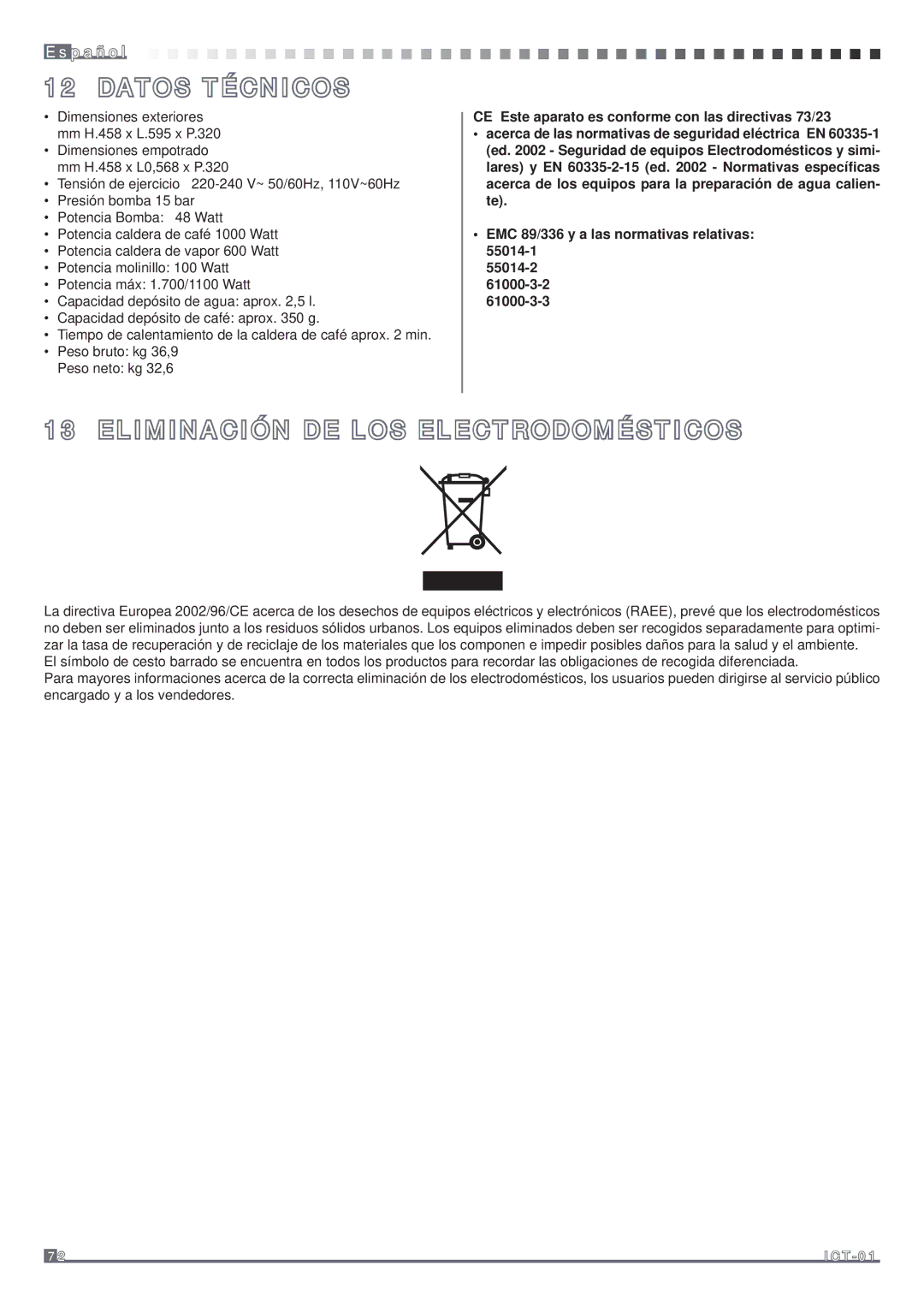 Fagor America MQC-A10 US manual Datos Técnicos, Eliminación DE LOS Electrodomésticos 