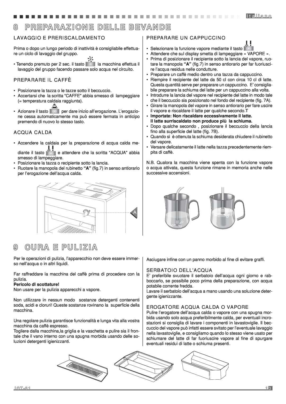 Fagor America MQC-A10 US manual I t a l i a n o, Lavaggio E Preriscaldamento, Preparare Il Caffè, Acqua Calda 
