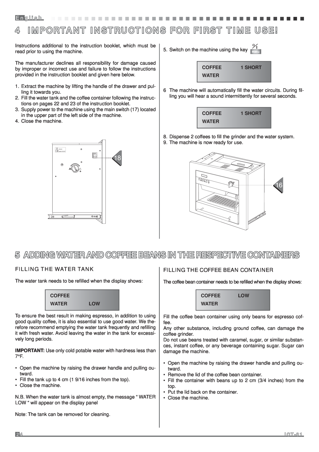 Fagor America MQC-A10 US manual Important Instructions For First Time Use, E ng l i s h, Filling The Water Tank 