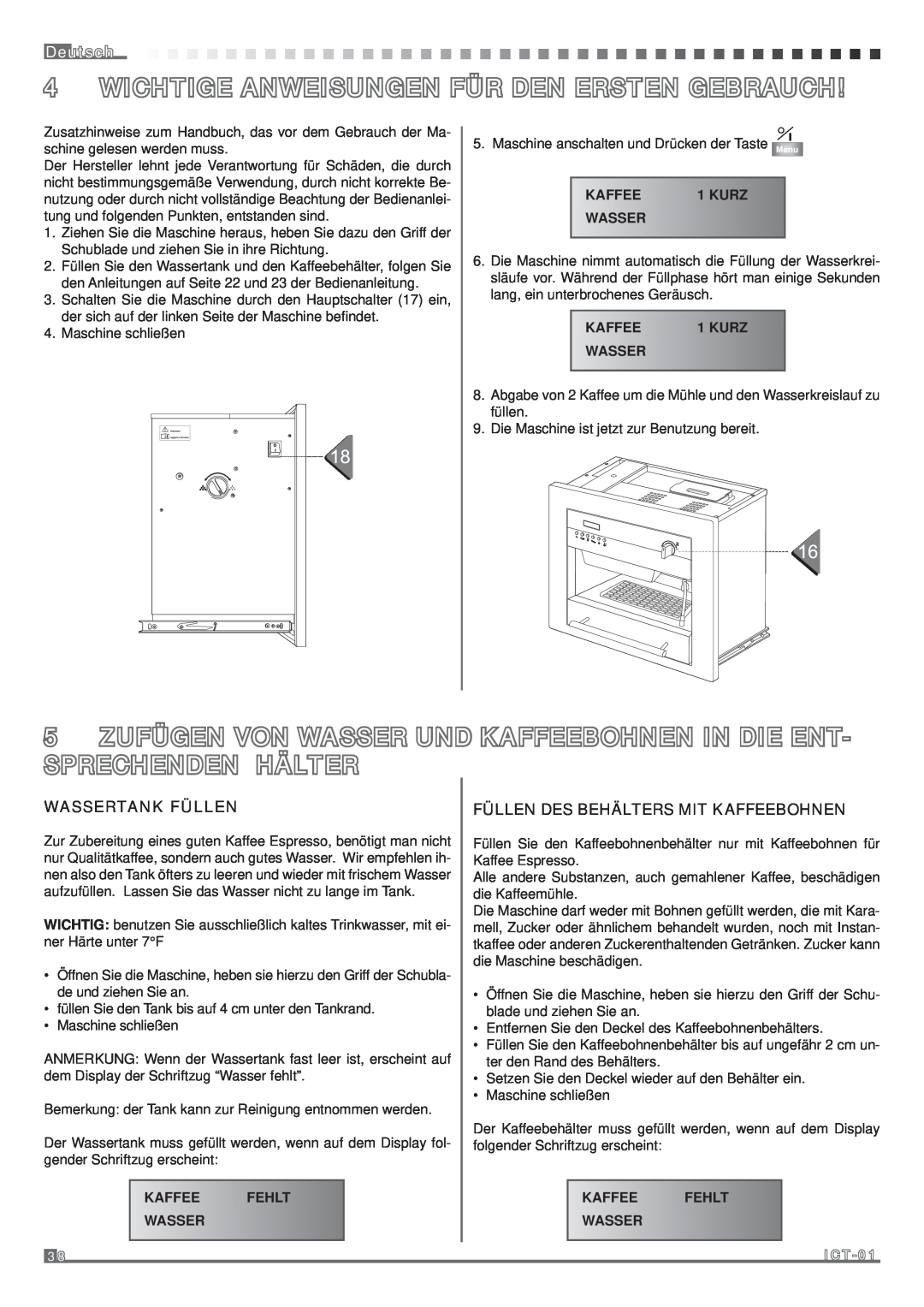 Fagor America MQC-A10 US manual Wichtige Anweisungen Für Den Ersten Gebrauch, Deutsch, Wassertank Füllen 