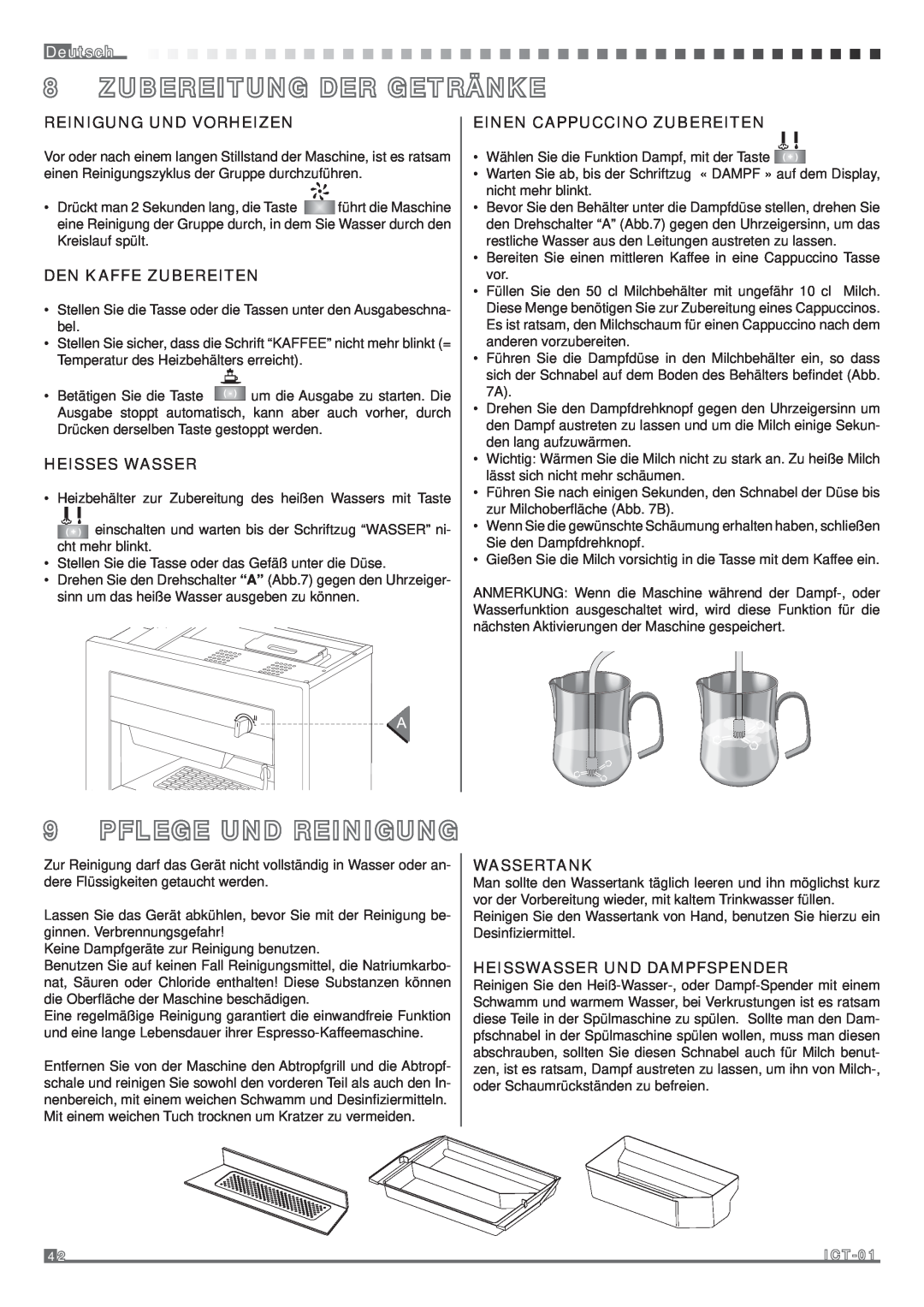 Fagor America MQC-A10 US manual Deutsch, Reinigung Und Vorheizen, Den Kaffe Zubereiten, Heisses Wasser, Wassertank 