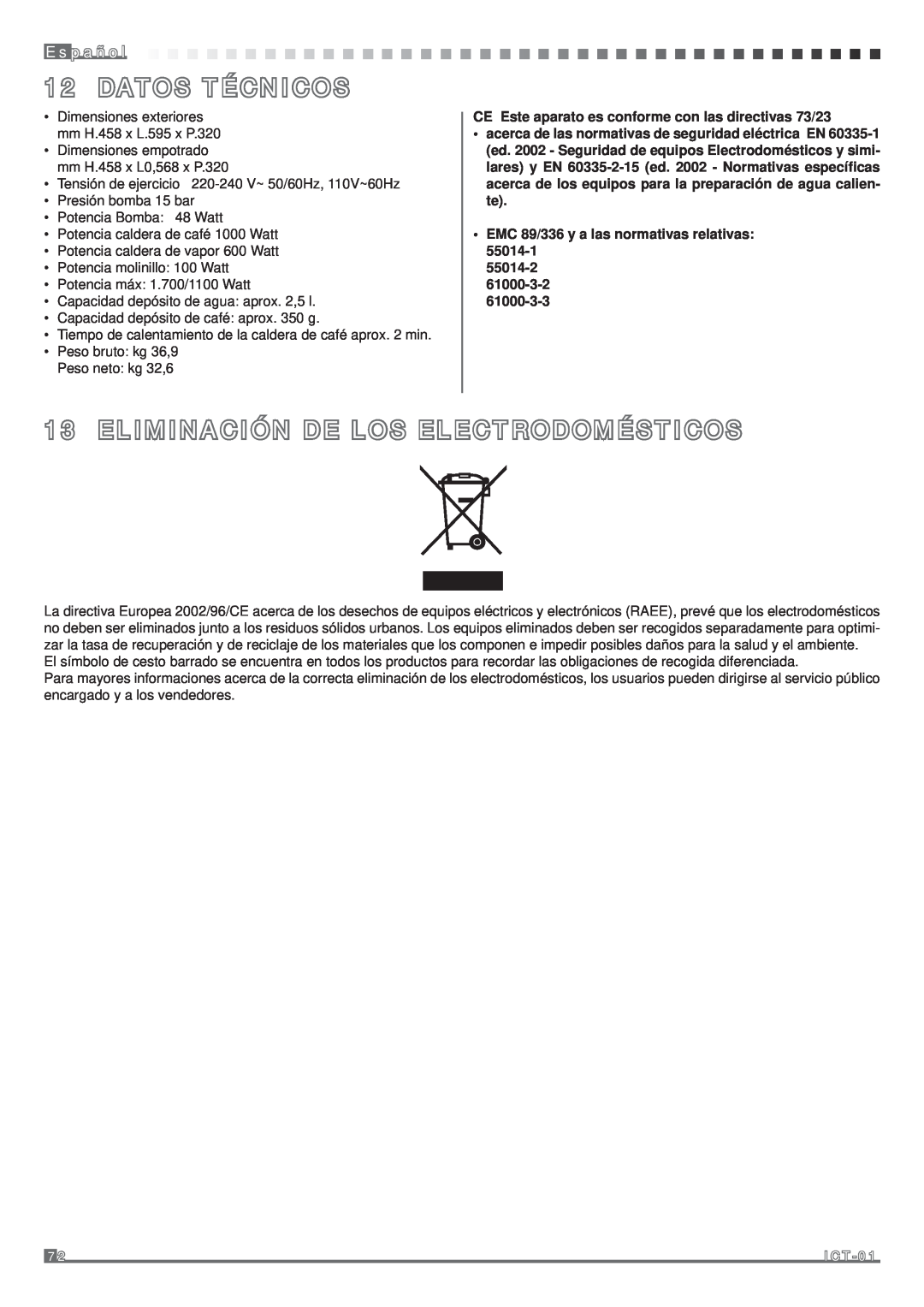 Fagor America MQC-A10 US manual Datos Técnicos, Eliminación De Los Electrodomésticos, E sp a ñ o l 