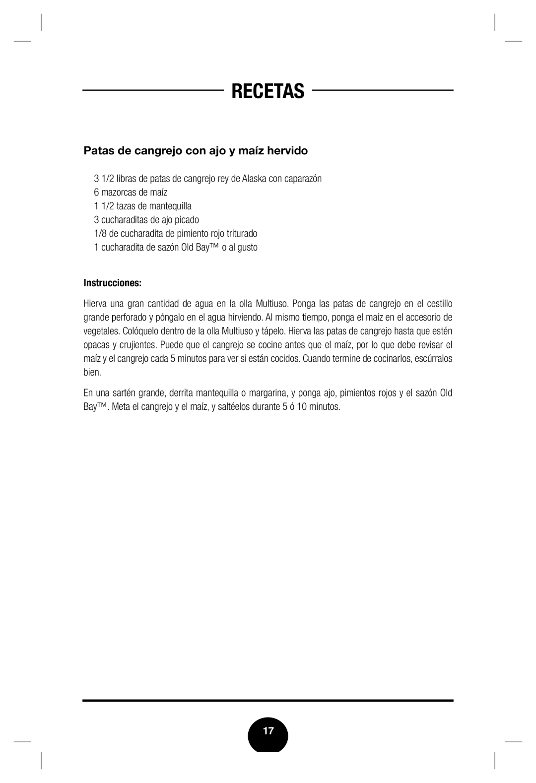 Fagor America none manual Recetas, Patas de cangrejo con ajo y maíz hervido, Instrucciones 