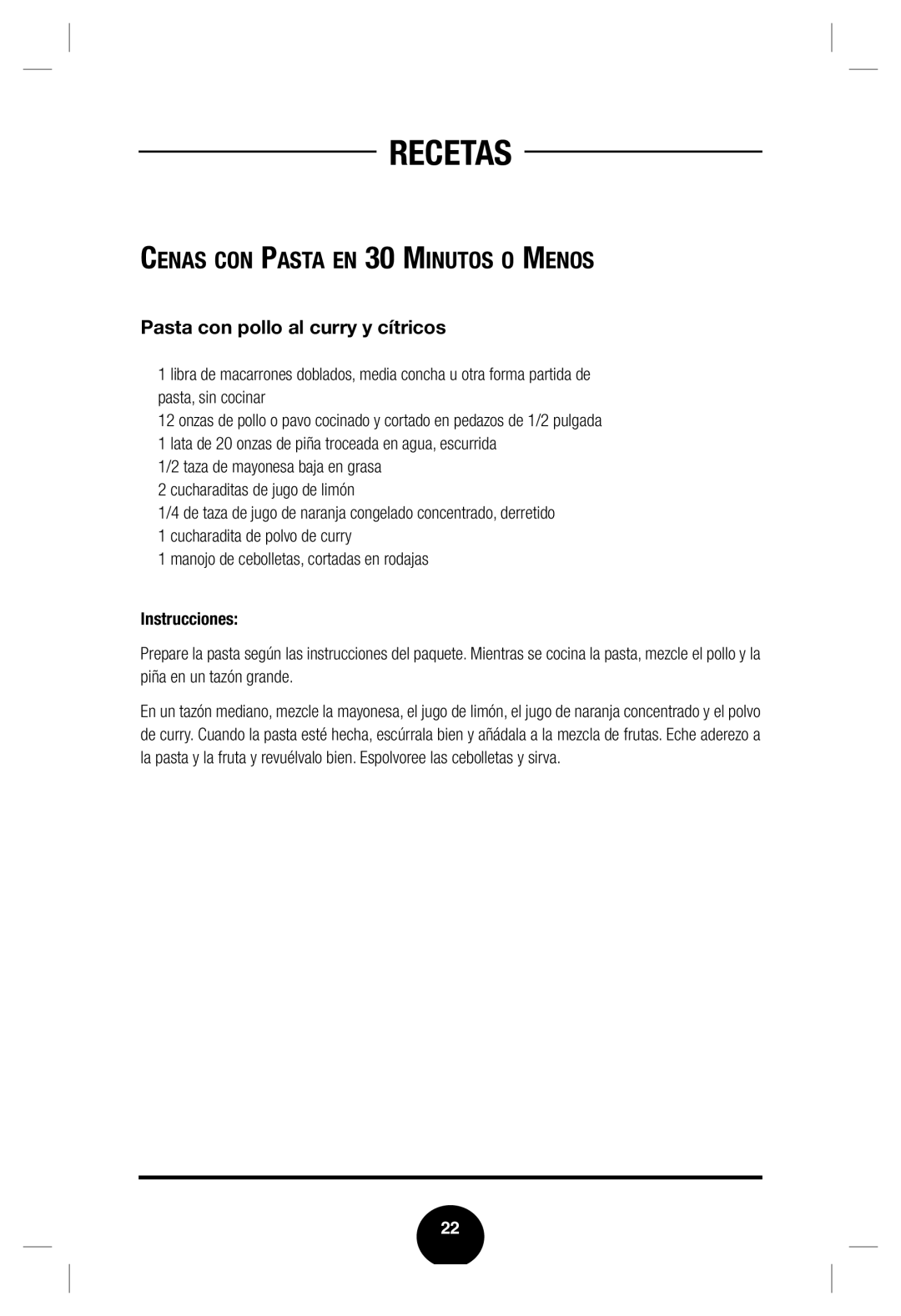 Fagor America none manual Cenas CON Pasta EN 30 Minutos O Menos, Pasta con pollo al curry y cítricos 