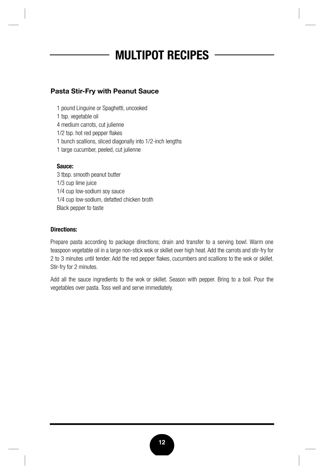 Fagor America none manual Pasta Stir-Frywith Peanut Sauce, Multipot Recipes, Directions 