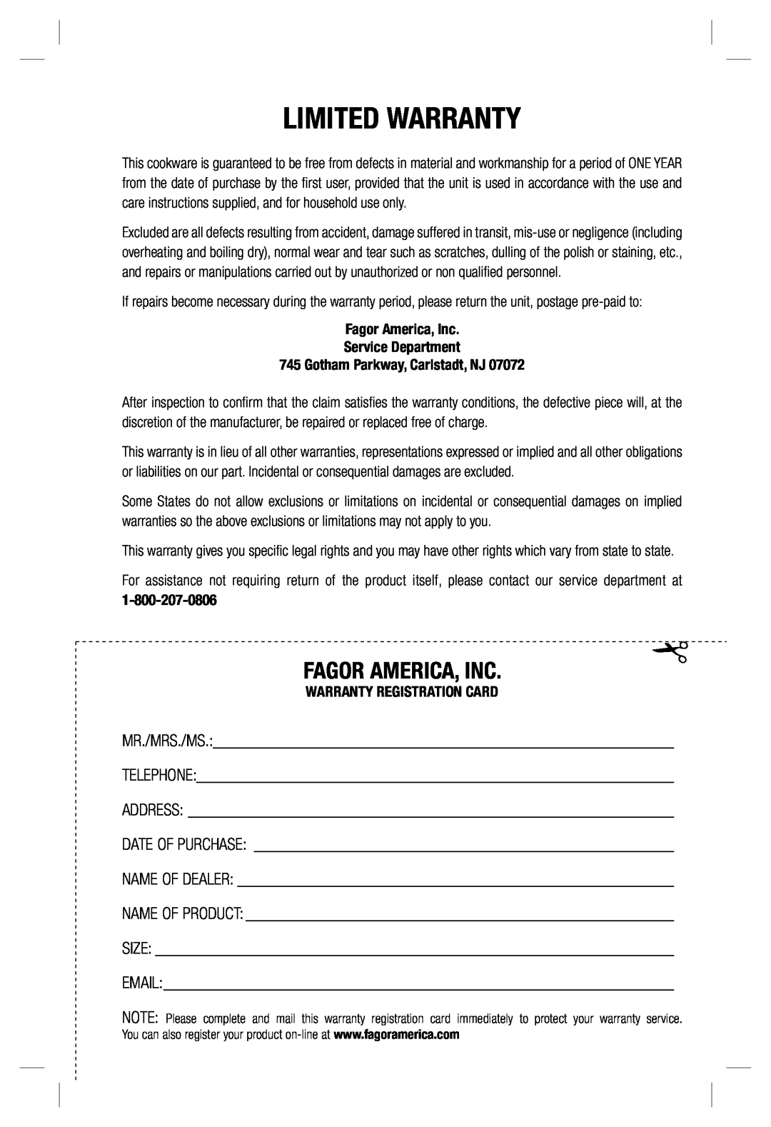 Fagor America none manual Limited Warranty, Fagor America, Inc 