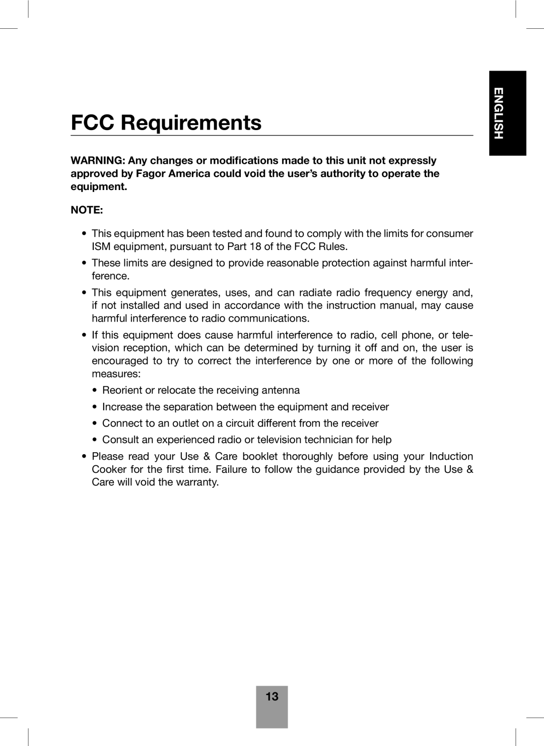 Fagor America Portable Induction Cooktop user manual FCC Requirements 