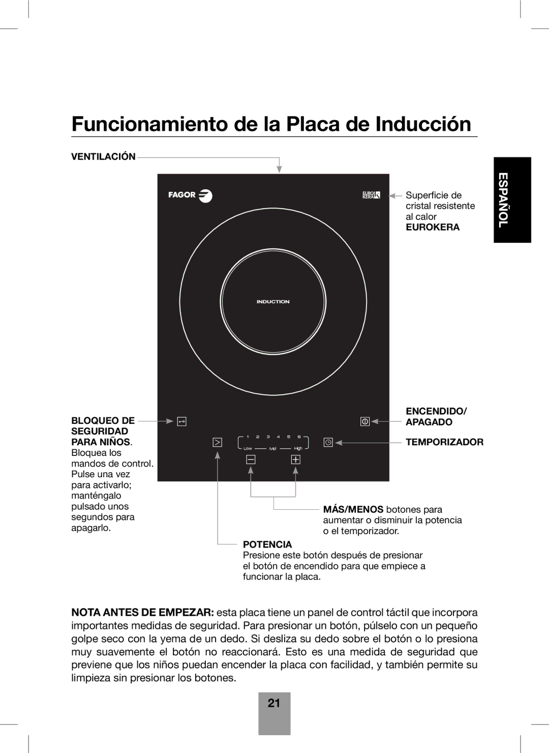 Fagor America Portable Induction Cooktop user manual Funcionamiento de la Placa de Inducción 