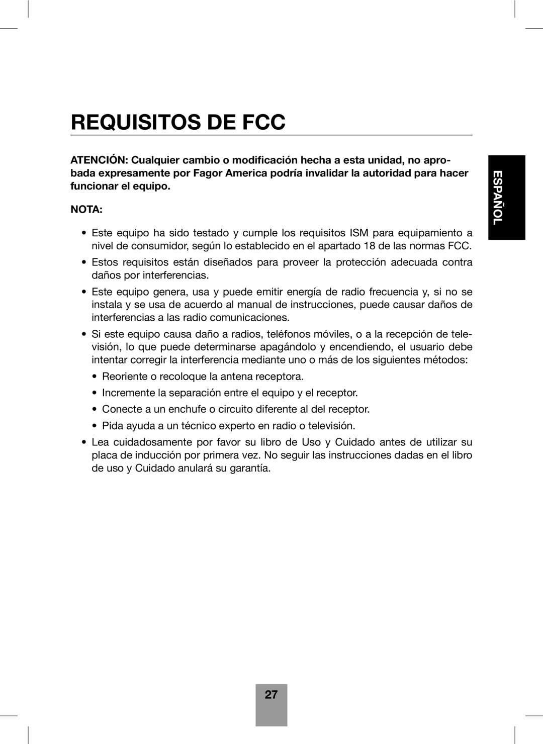 Fagor America Portable Induction Cooktop user manual Requisitos DE FCC 