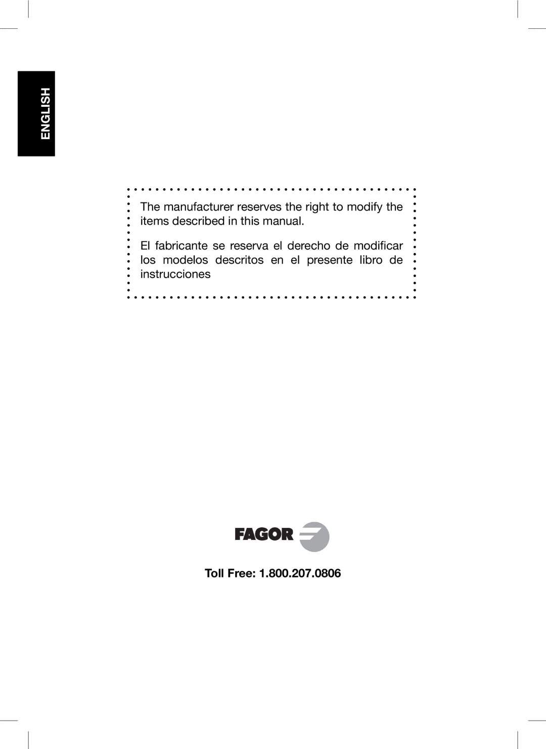 Fagor America Portable Induction Cooktop user manual Toll Free 